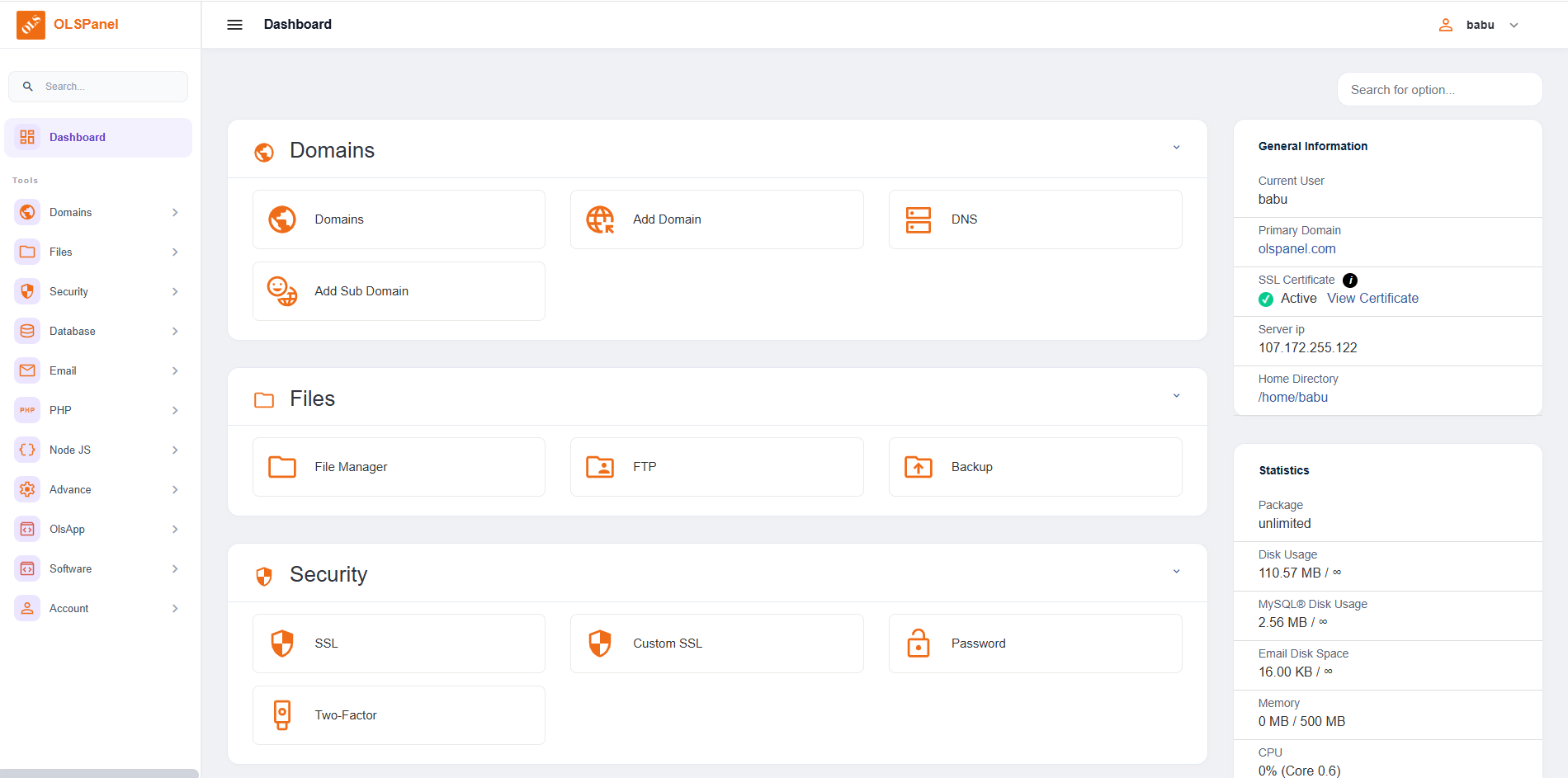 OLSPanel user management interface