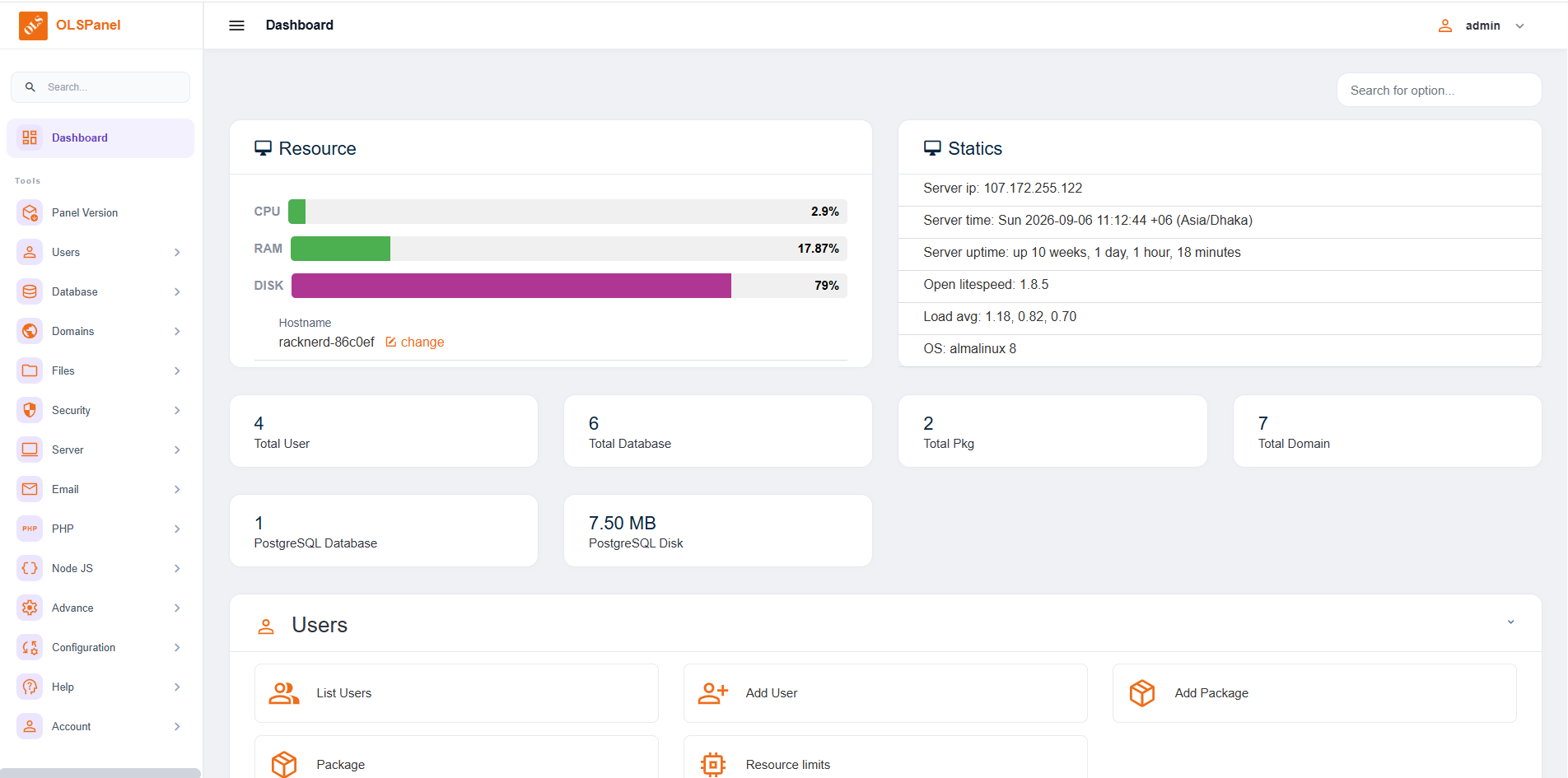 OLSPanel web hosting management interface